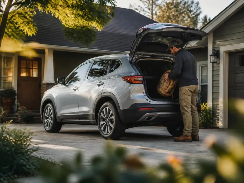 A driver loading a bag into an SUV in a driveway