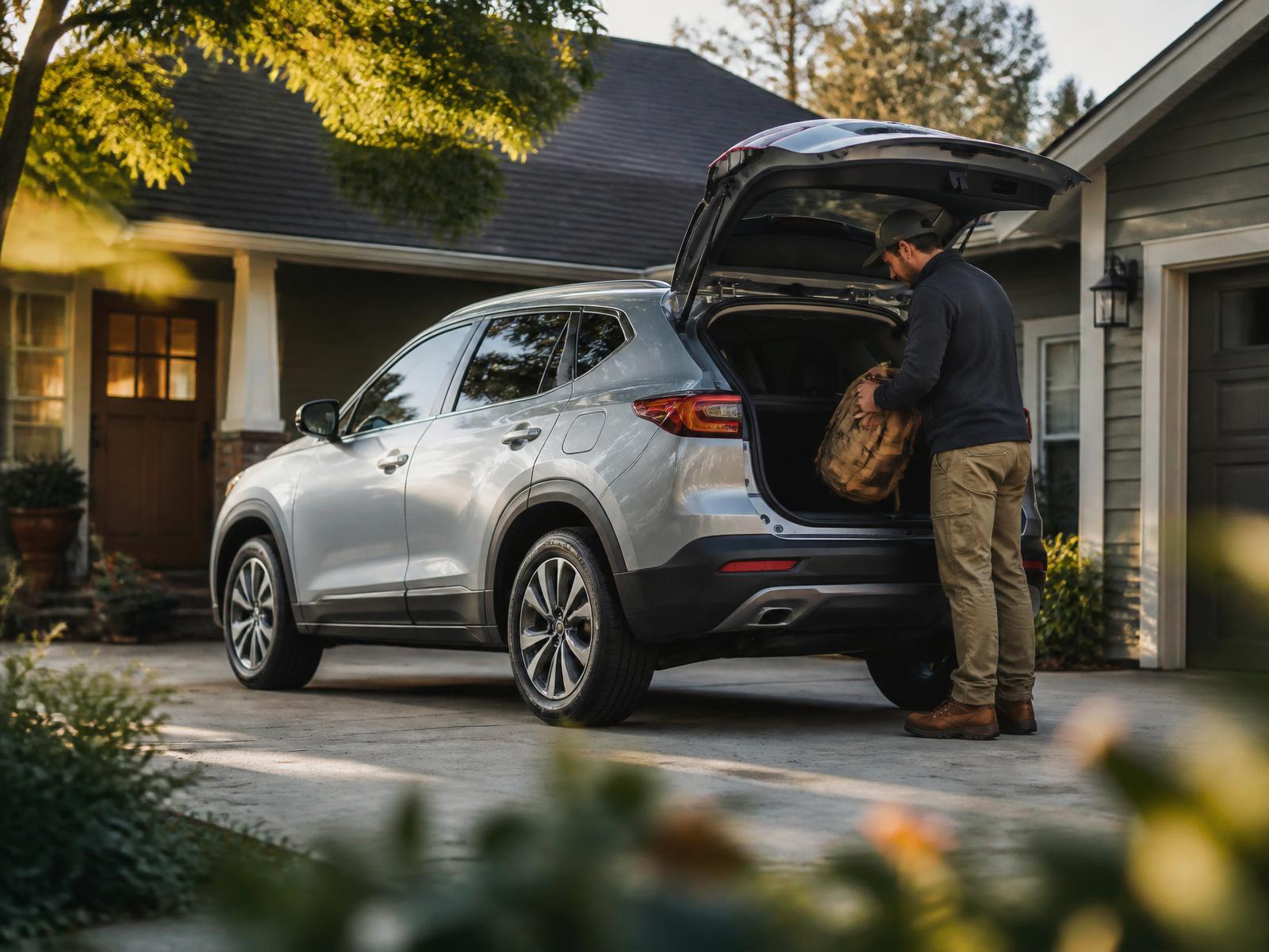 A driver loading a bag into an SUV in a driveway