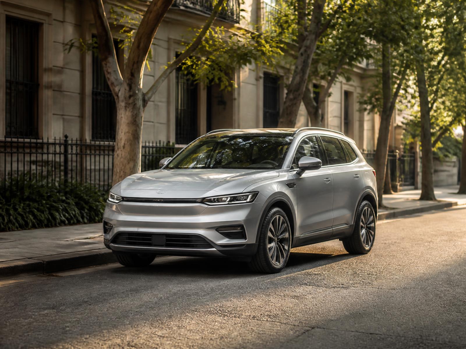 A modern crossover parked on a quiet, tree-lined city street at golden hour