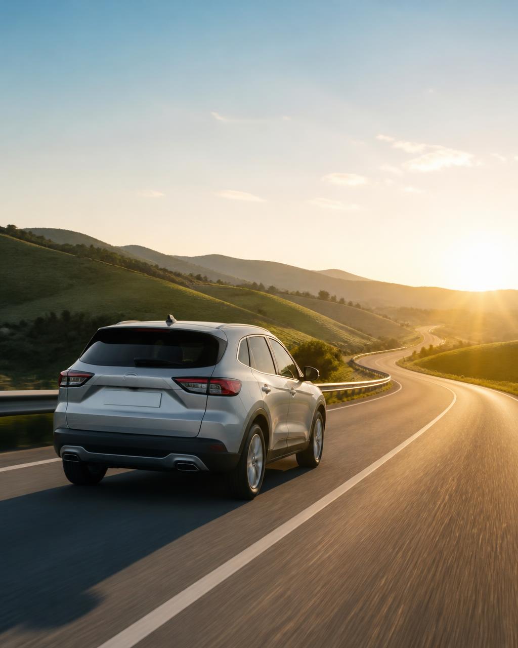 A silver SUV on a winding open road