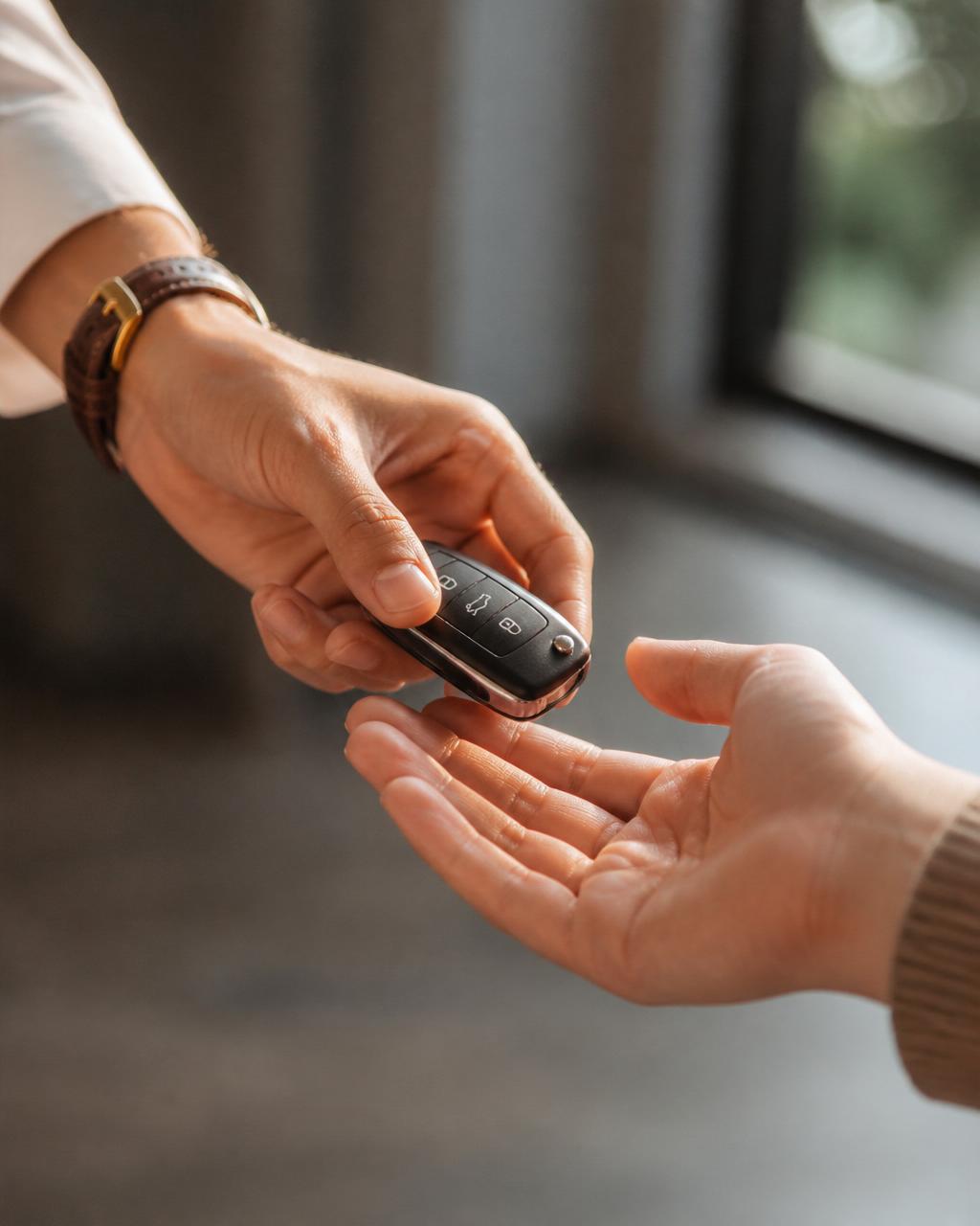 Two hands exchanging a car key fob, representing Flexcar Rewards membership