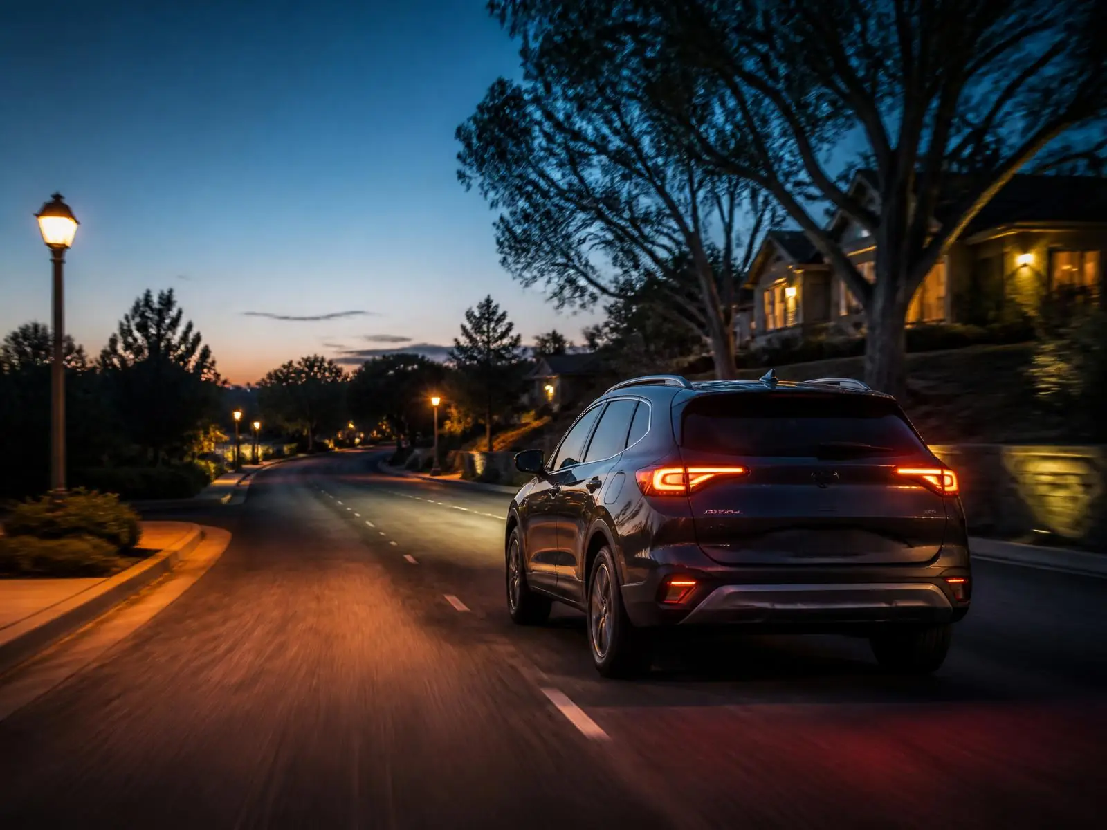 A crossover heading home along a quiet residential street at dusk